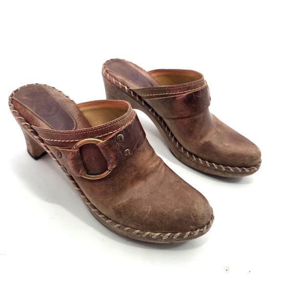 Frye Charlotte Ring Harness Brown Leather Heeled Mule Clogs Women's 9 M - Picture 1 of 9